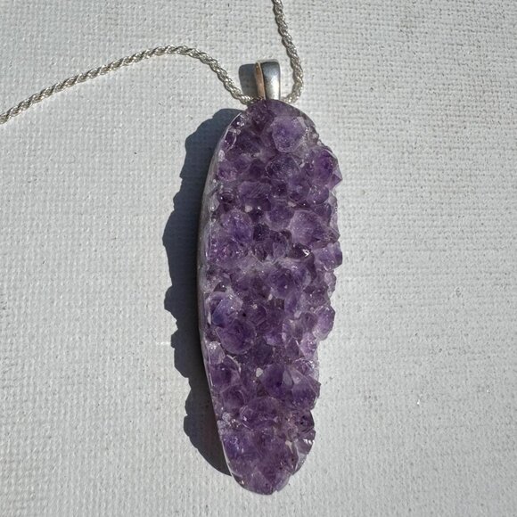 Amethyst Druzy Crystal Pendant Necklace Sterling Silver Chain - New Old Stock - Picture 2 of 7